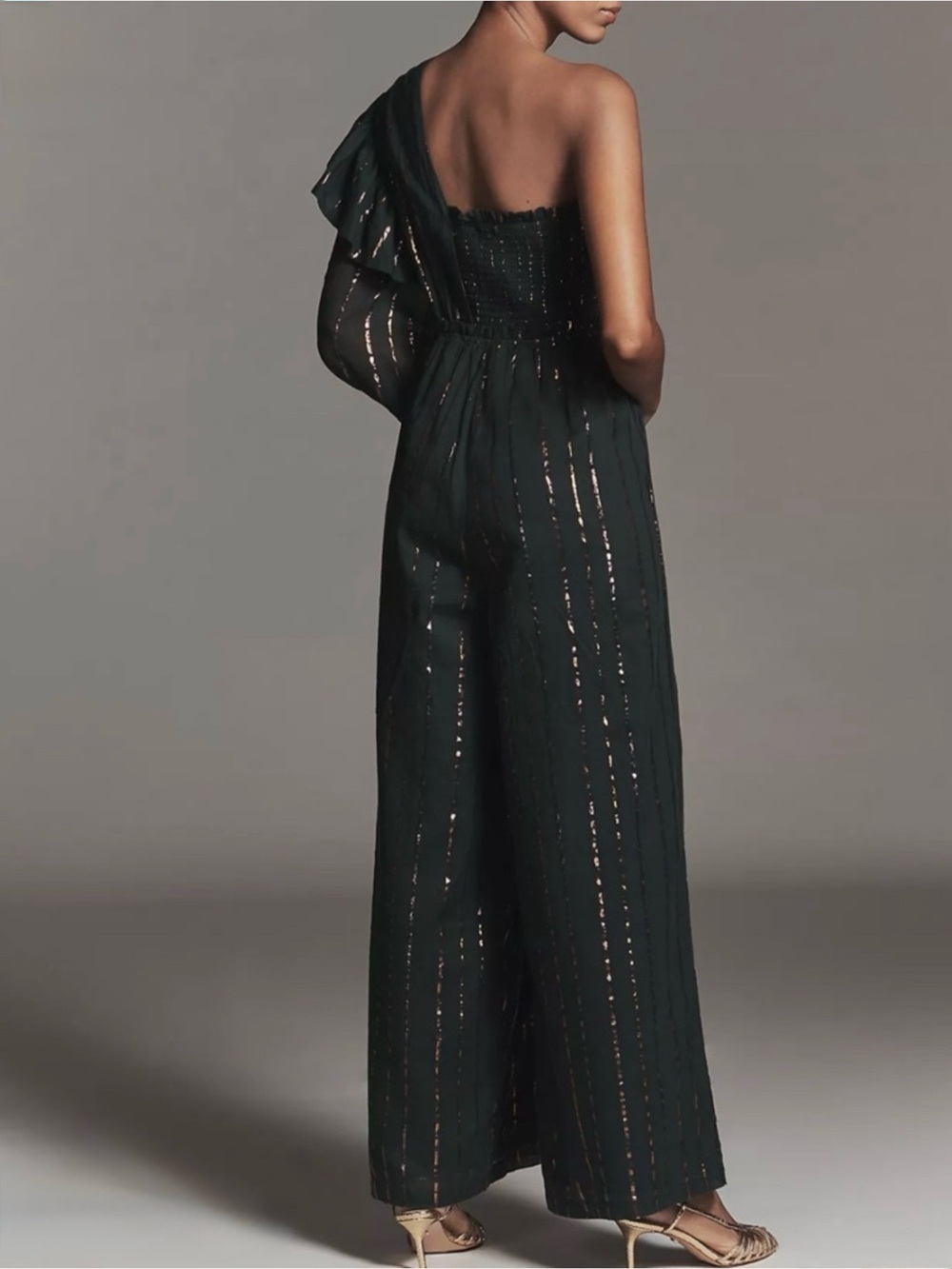 FARM Rio Green One-Shoulder Bronze Metallic Stripe Jumpsuit Size Medium NWT - Picture 3 of 7